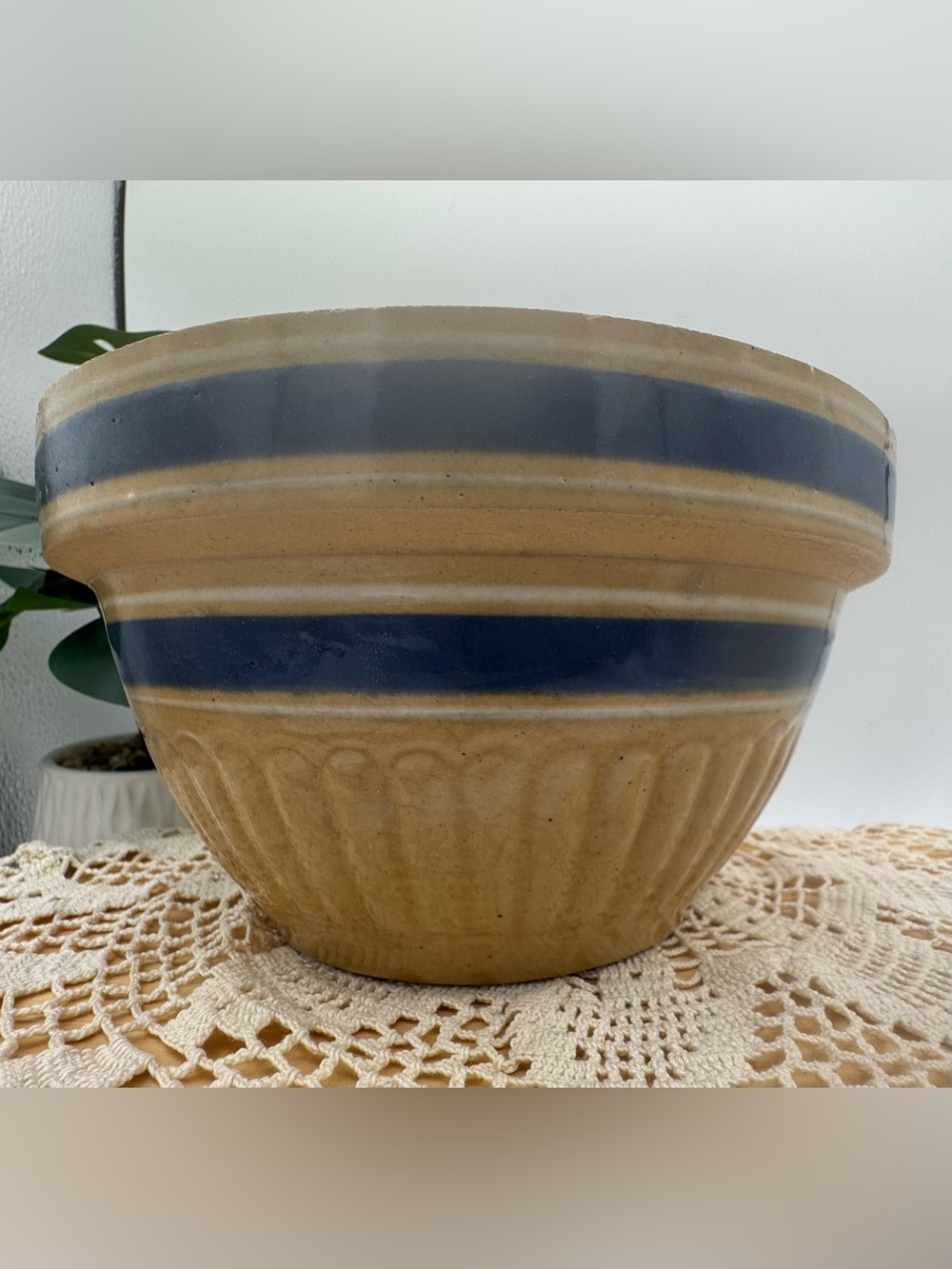 Vintage 1930’s Yellow Ware Stoneware Mixing Bowl Blue & White banding Stripe